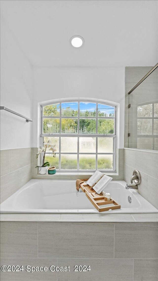 bathroom featuring a wealth of natural light and shower with separate bathtub