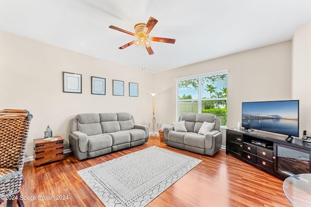 living room with ceiling fan and wood-type flooring