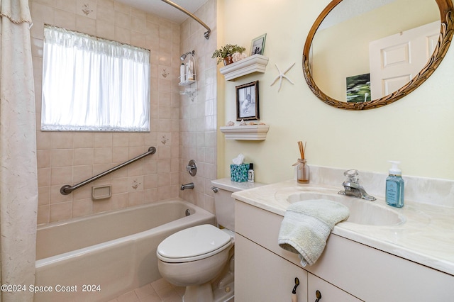 bathroom featuring toilet, shower / tub combo, and vanity