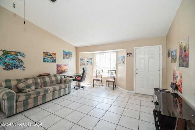 tiled living room featuring lofted ceiling