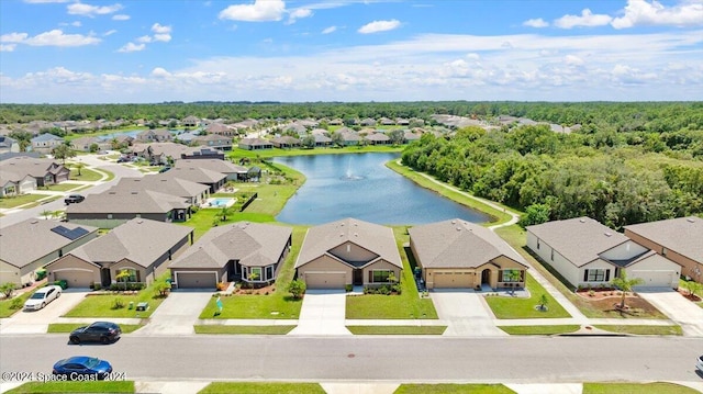 birds eye view of property with a residential view and a water view