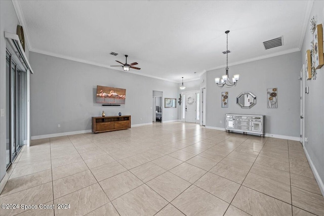 unfurnished living room with light tile patterned floors, ceiling fan with notable chandelier, and ornamental molding