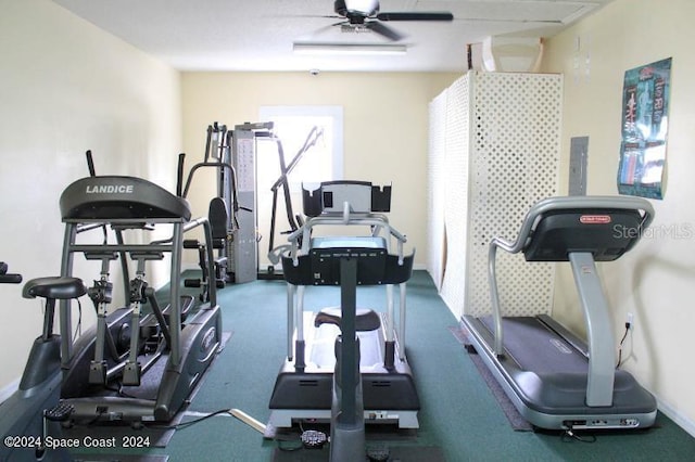 workout room featuring ceiling fan