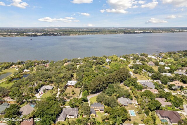 drone / aerial view featuring a water view