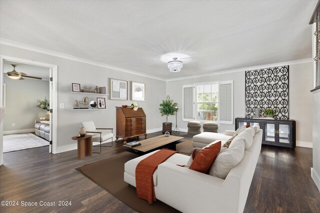 living room featuring dark wood-type flooring, a textured ceiling, and crown molding