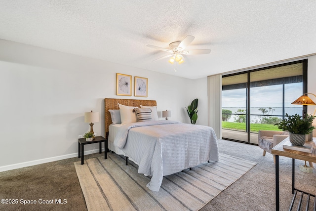 bedroom featuring a textured ceiling, carpet flooring, access to exterior, baseboards, and a wall of windows