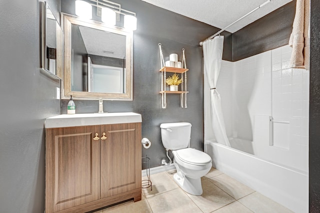 full bathroom featuring tile patterned flooring, vanity, toilet, and shower / bath combination with curtain