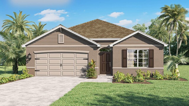 ranch-style house featuring a garage and a front lawn