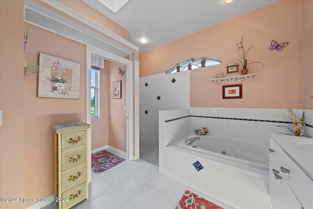 full bath with a walk in shower, vanity, baseboards, tile patterned floors, and a tub with jets