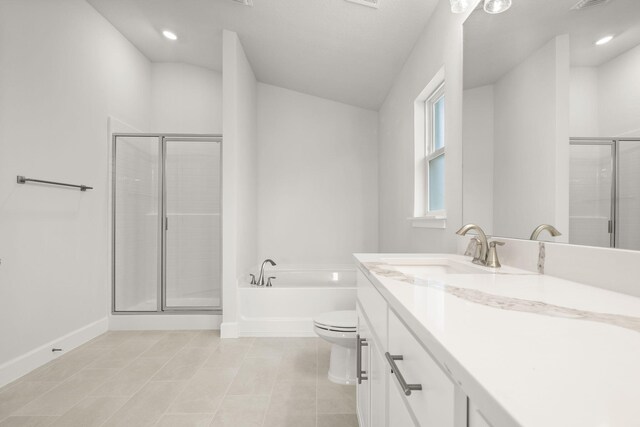 full bathroom with tile patterned floors, vanity, plus walk in shower, toilet, and lofted ceiling