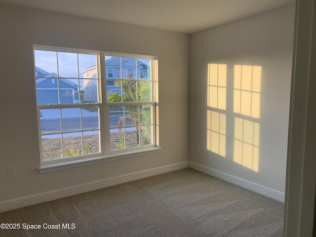 carpeted empty room with a water view