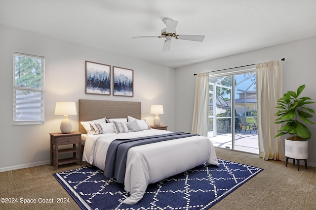 bedroom with carpet, ceiling fan, multiple windows, and access to outside