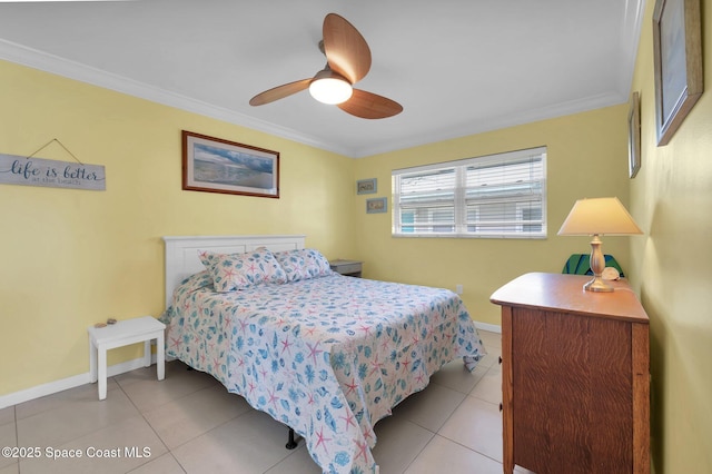 tiled bedroom featuring ornamental molding, baseboards, and a ceiling fan