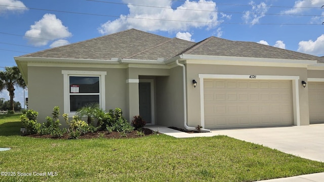 4376 Kelsey Ln, Sebastian, FL 32976 - view of front facade with stucco siding, an attached garage, a shingled roof, and a front yard