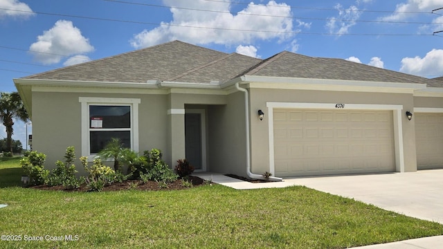 4376 Kelsey Ln, Sebastian, FL 32976 - view of front facade with a garage, stucco siding, and a shingled roof