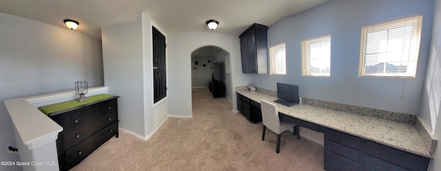 680 Easton Forest Cir SE, Palm Bay, FL 32909 - home office featuring arched walkways, light colored carpet, built in desk, and baseboards