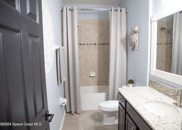 full bathroom with tile patterned flooring, vanity, shower / bathtub combination with curtain, and toilet