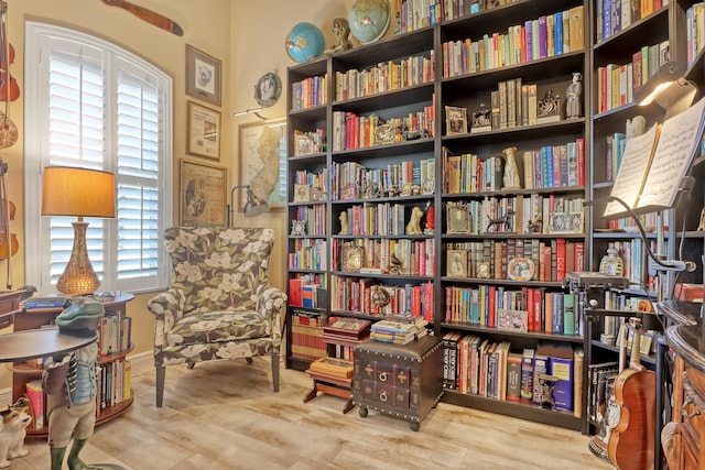 living area with wood-type flooring and a healthy amount of sunlight