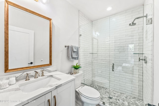 bathroom with vanity, toilet, and a shower with shower door