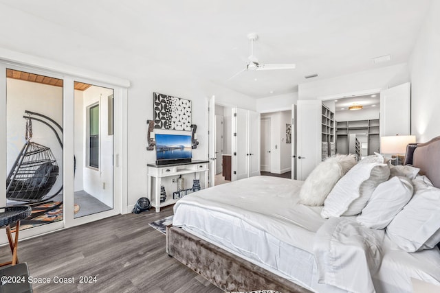 bedroom featuring access to exterior, ceiling fan, and hardwood / wood-style flooring