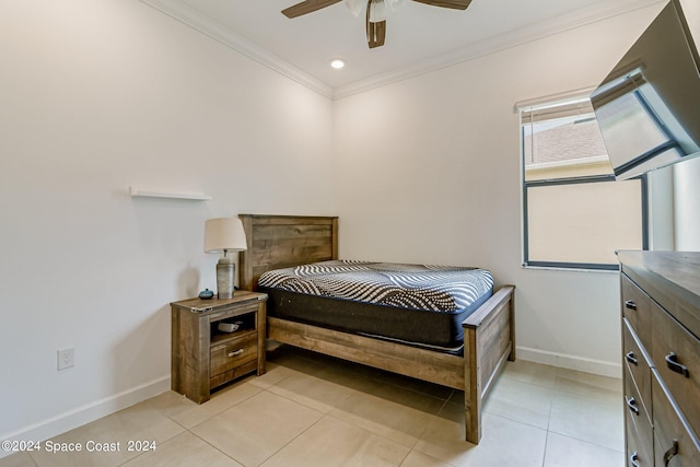 bedroom featuring ceiling fan, crown molding, and light tile patterned floors