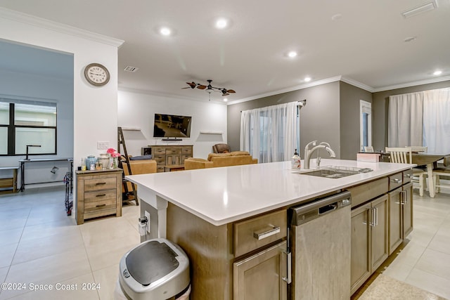 kitchen featuring an island with sink, light tile patterned flooring, and stainless steel dishwasher