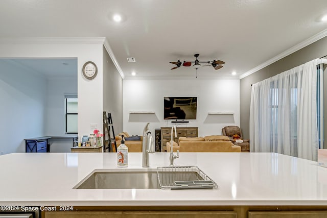 kitchen with ceiling fan, sink, a healthy amount of sunlight, and ornamental molding