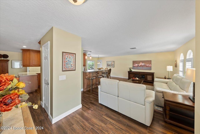 living room with a textured ceiling, a wealth of natural light, and dark hardwood / wood-style floors