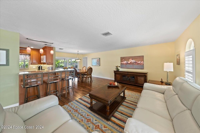 living room with dark hardwood / wood-style floors and a textured ceiling