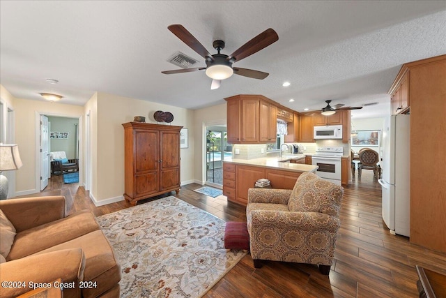 living room featuring a textured ceiling, dark hardwood / wood-style floors, ceiling fan, and sink