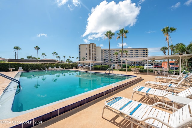 view of swimming pool with a patio