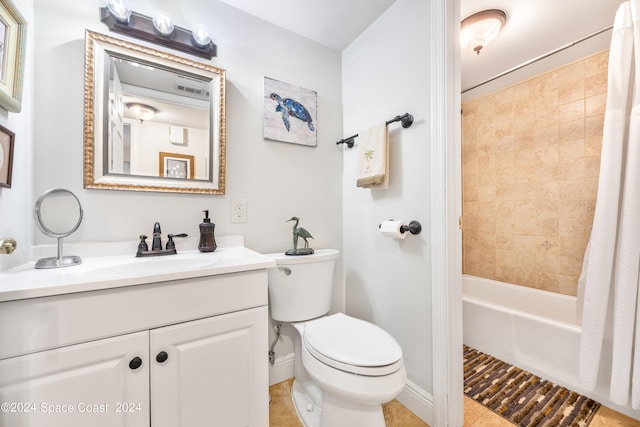 full bathroom with vanity, shower / bath combo, toilet, and tile patterned floors