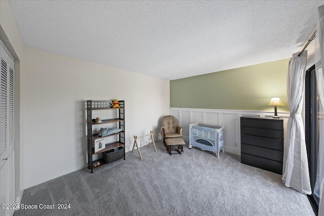 sitting room with light colored carpet and a textured ceiling