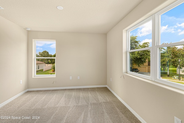 unfurnished room featuring light carpet, a textured ceiling, and baseboards