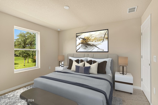 bedroom featuring light colored carpet and a textured ceiling