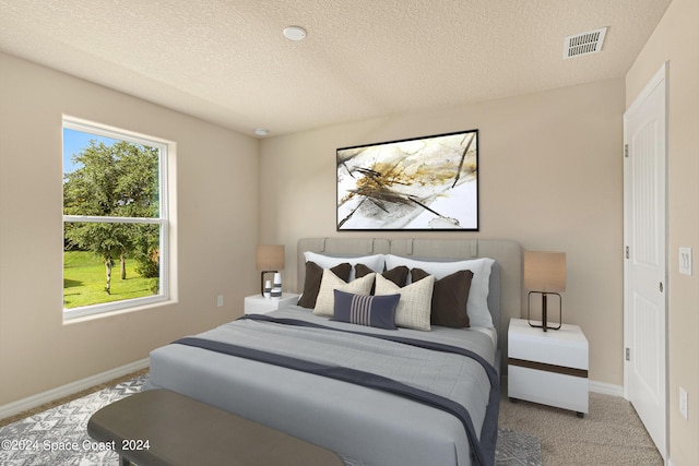 carpeted bedroom featuring visible vents, a textured ceiling, and baseboards