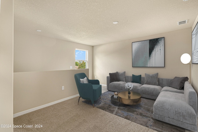 carpeted living room with a textured ceiling