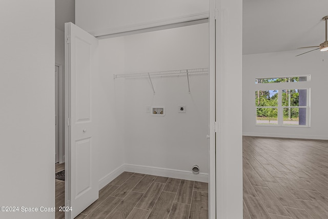 clothes washing area featuring ceiling fan, hookup for a washing machine, wood-type flooring, and electric dryer hookup