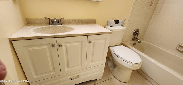 full bath with toilet, tile patterned flooring, vanity, and shower / bathtub combination