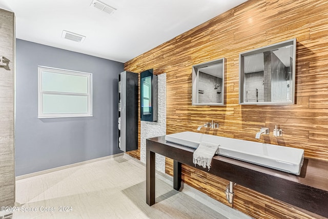 bathroom with wooden walls