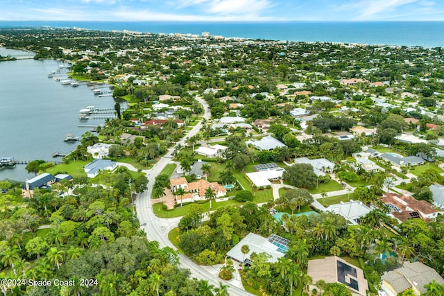 drone / aerial view featuring a water view