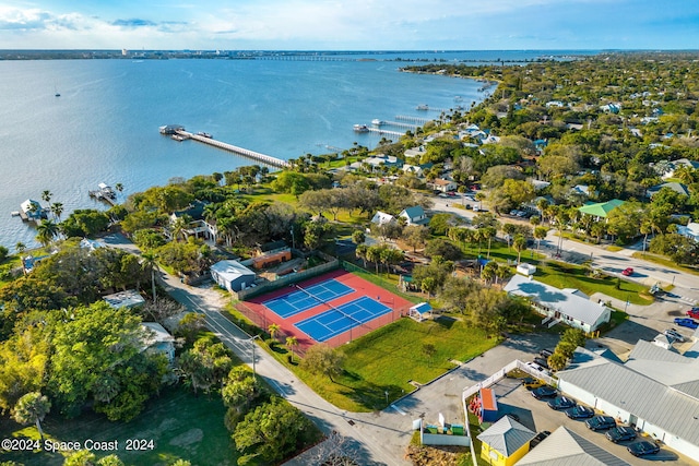 aerial view featuring a water view