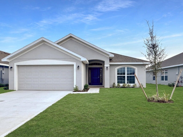 single story home with a garage and a front yard