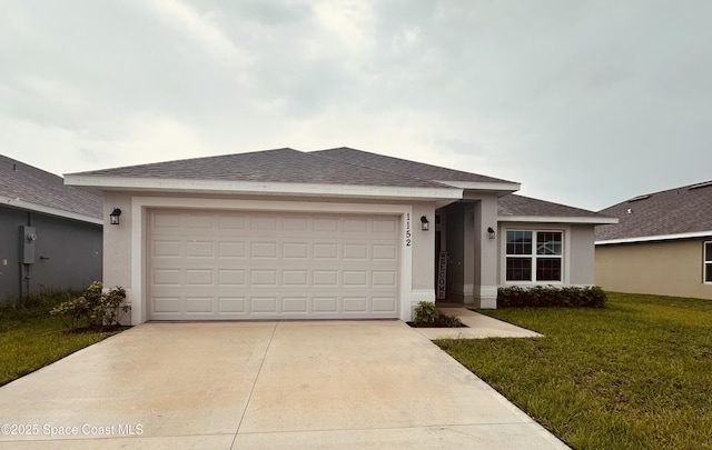 1152 Tupelo Cir, Cocoa, FL 32926 - ranch-style house with driveway, a front yard, stucco siding, an attached garage, and roof with shingles