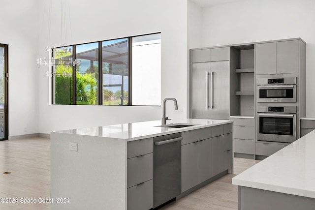 kitchen with a center island with sink, stainless steel double oven, sink, and gray cabinetry