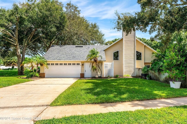 1150 Old Parsonage Dr, Merritt Island, FL 32952 - view of front of home with a chimney, brick siding, a garage, driveway, and a front lawn