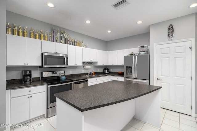 kitchen with stainless steel appliances, a sink, visible vents, and white cabinetry