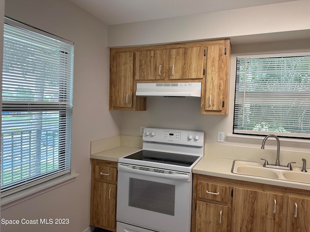 kitchen with sink and white electric range