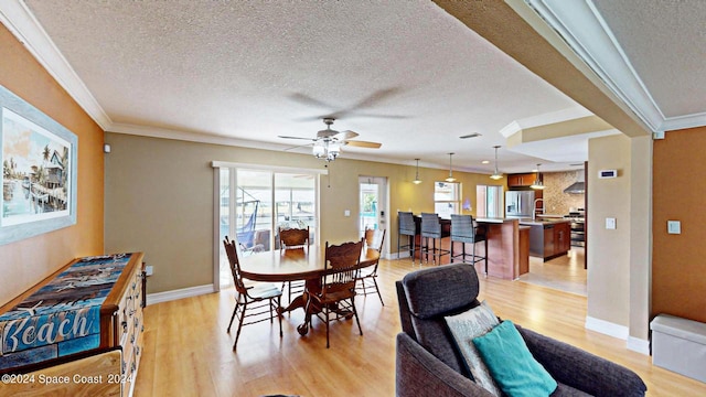 dining room with crown molding, light hardwood / wood-style flooring, ceiling fan, and a textured ceiling