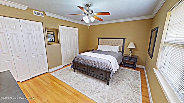 bedroom with crown molding, two closets, ceiling fan, and light hardwood / wood-style floors